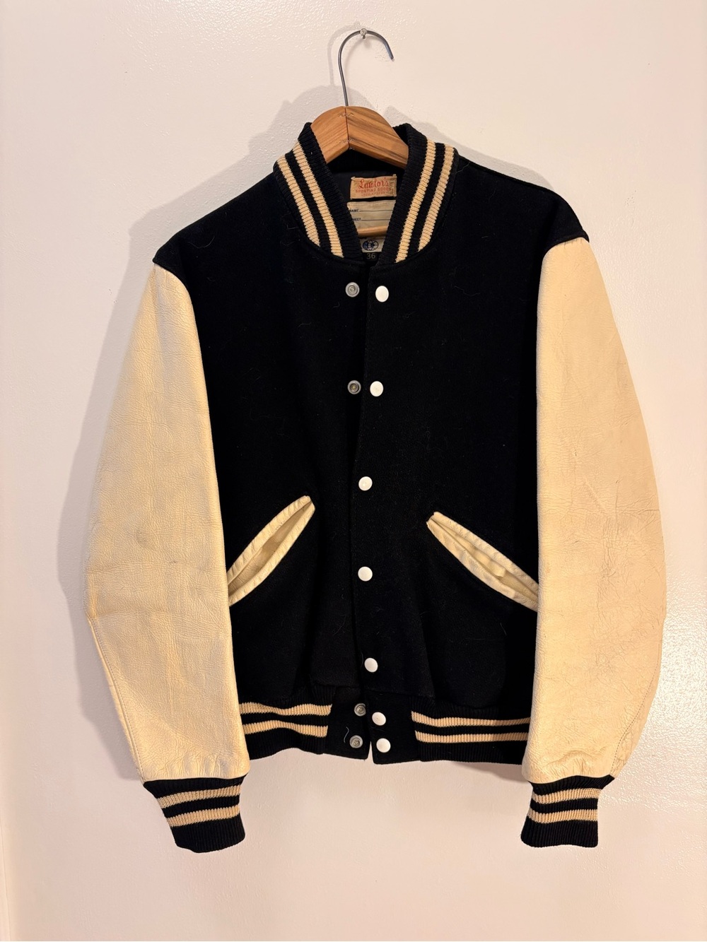 Lawlor’s Lincon Nebraska 1950s Black and Cream Varsity Jacket Leather Sleeves 36